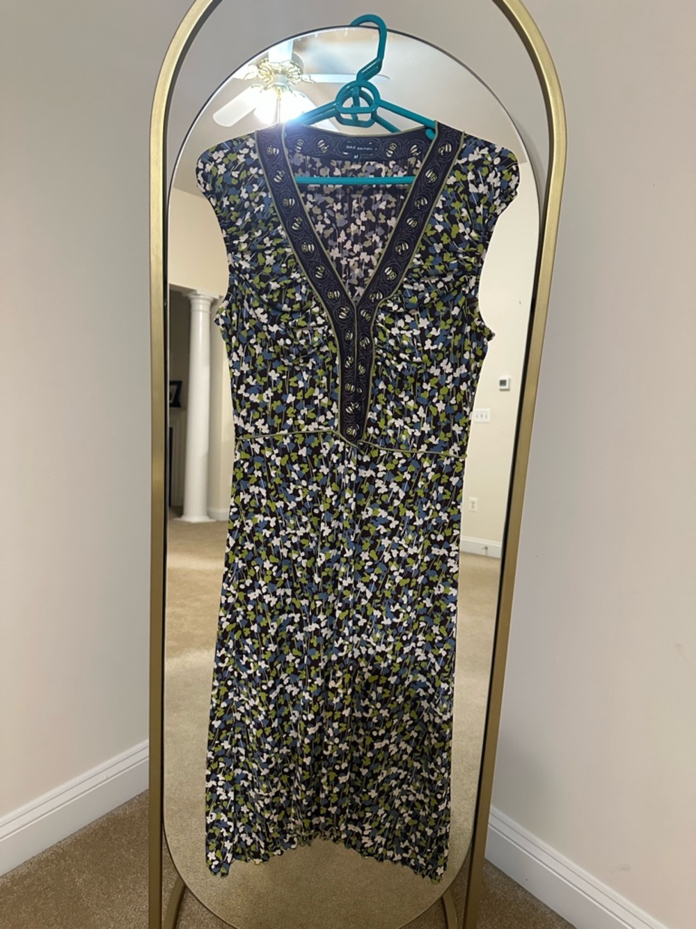Max Edition Navy, Green and White Floral V-Neck Midi Dress